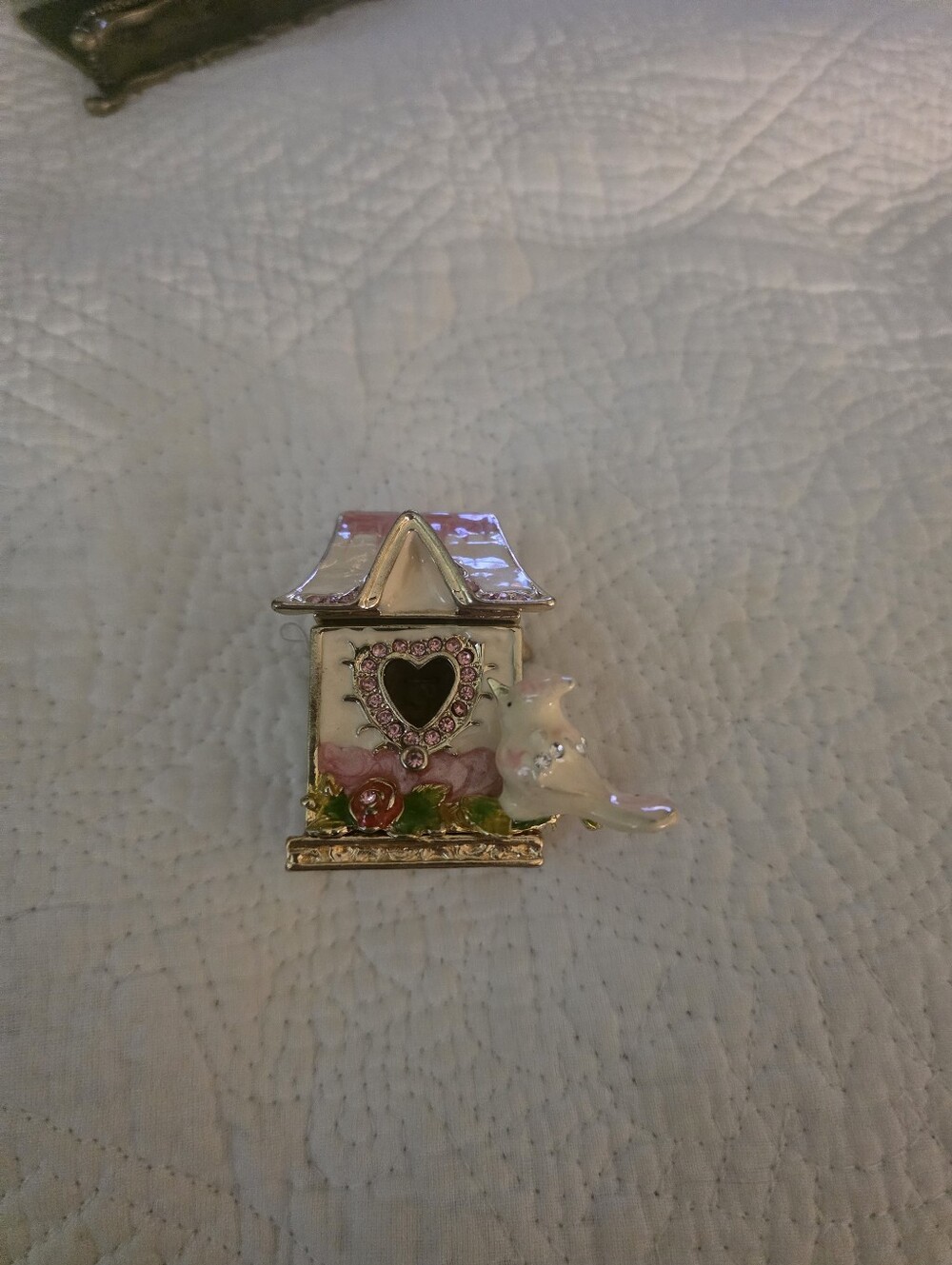Heart Window Birdhouse Trinket Box - Pink & White Enamel